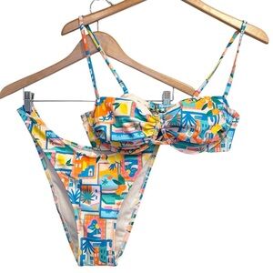 🌈 6/$60 Wild Fable Swim Set Bikini Size L Abstract Vacation Theme Print